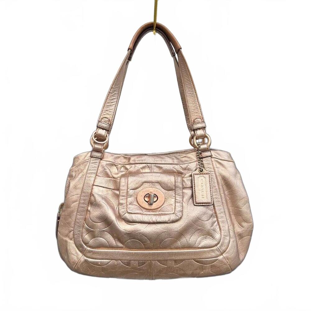 COACH Rose Gold Metallic Logo Leather Shoulder Bag – Turnlock Front Pocket